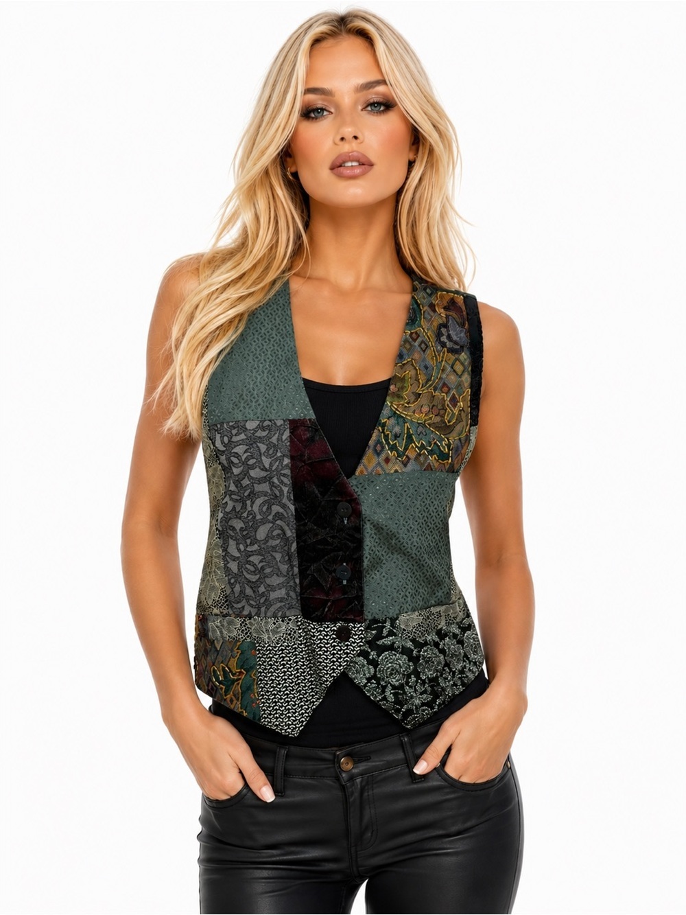 Surya Patchwork Tapestry Vest Boho Artsy Button Front Size XS
